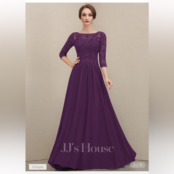 A-Line Lace Illusion Neck Short Sleeves Chiffon Dress Plum main image 1